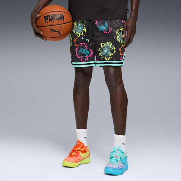 PUMA x RICK AND MORTY 5.5" Basketball Shorts, PUMA Black-AOP, extralarge